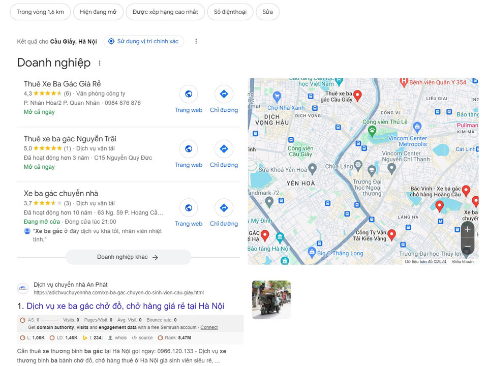 D&ugrave;ng Google Map t&igrave;m xe ba g&aacute;c gần đ&acirc;y